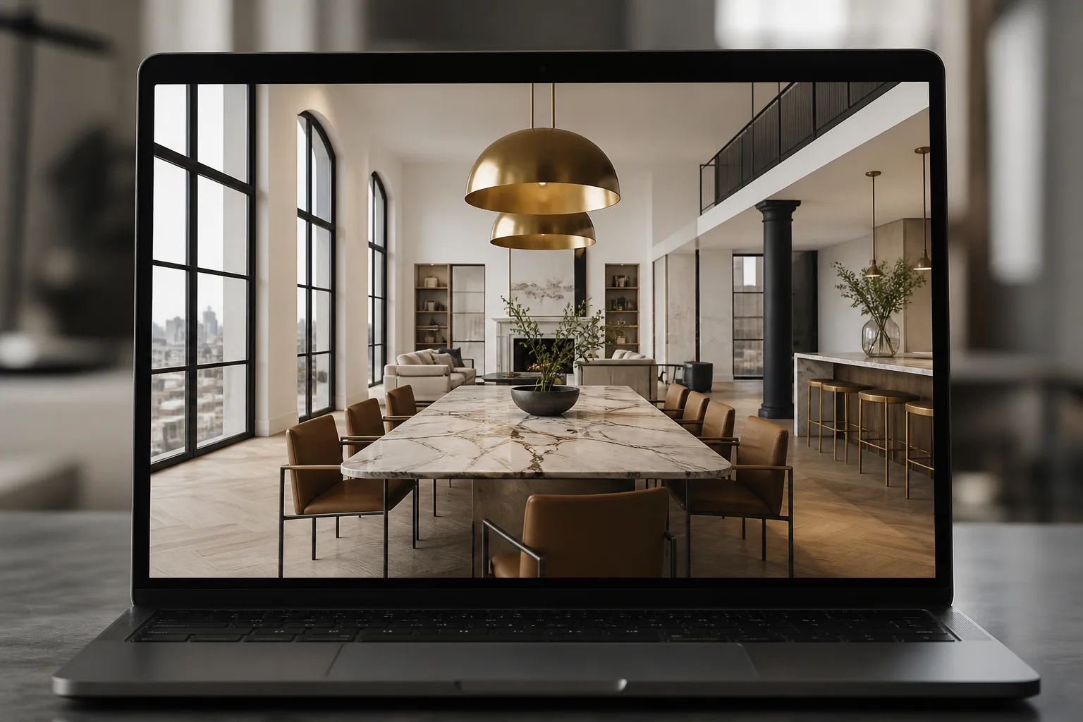 Laptop mockup showing a luxury open-plan interior with marble dining table and city views