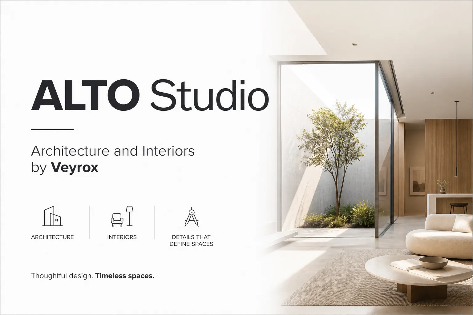 ALTO Studio intro layout with architecture and interiors labels beside a bright living room courtyard