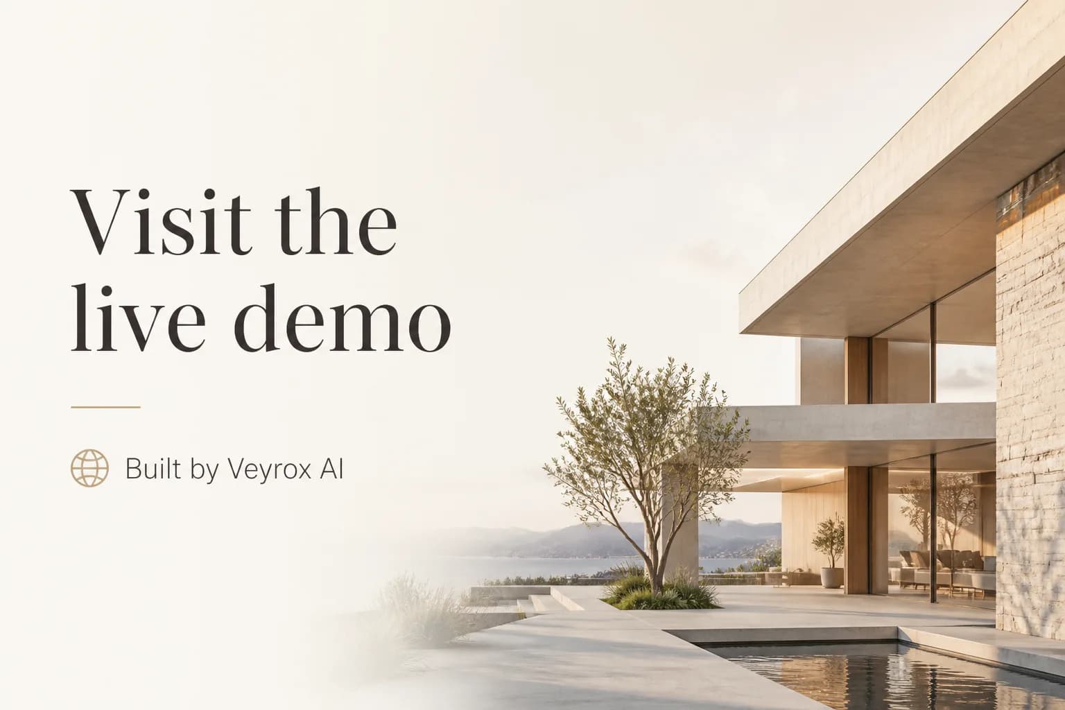 Visit the live demo banner with a modern villa, pool, and ocean view at sunset