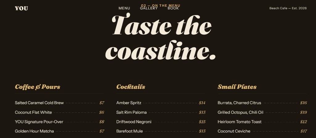 YOU Beach Cafe menu page listing coffee, cocktails, and small plates on a dark brown background