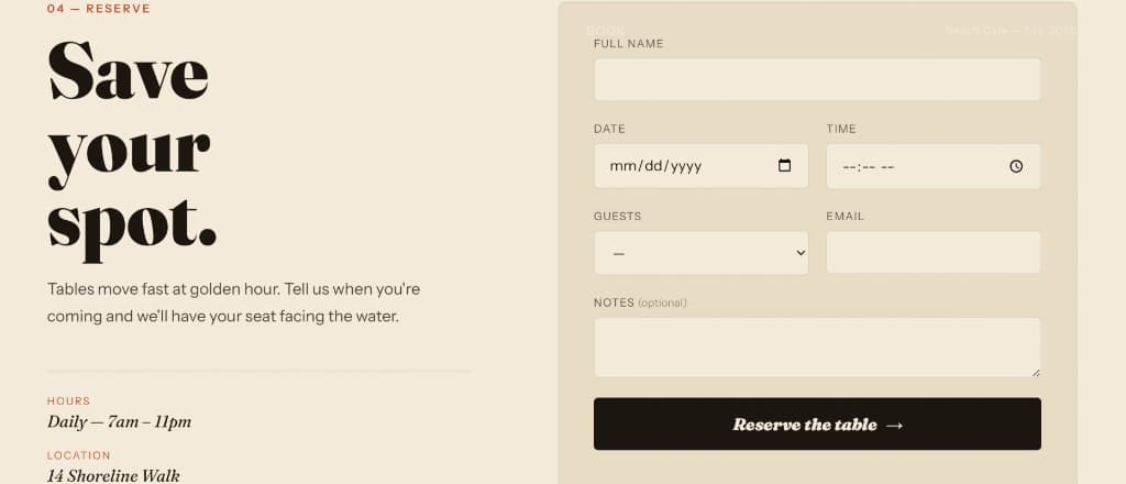 YOU Beach Cafe reservation form with name, date, time, and guests fields next to hours and location