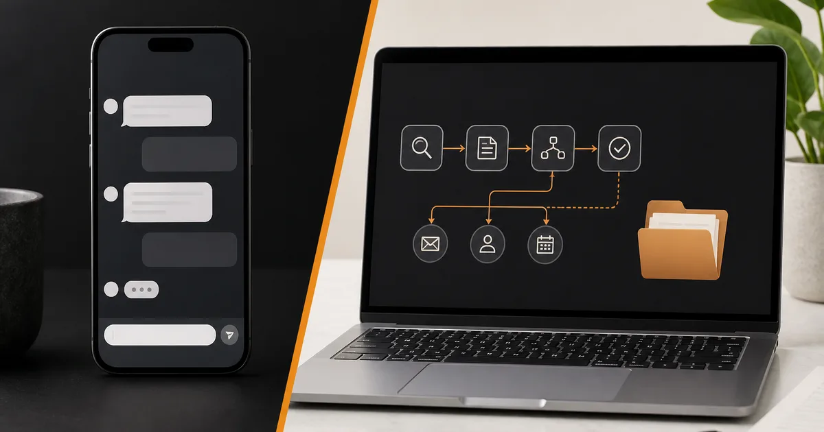 Smartphone chat interface beside a laptop showing an automation flowchart with email, people, and calendar icons
