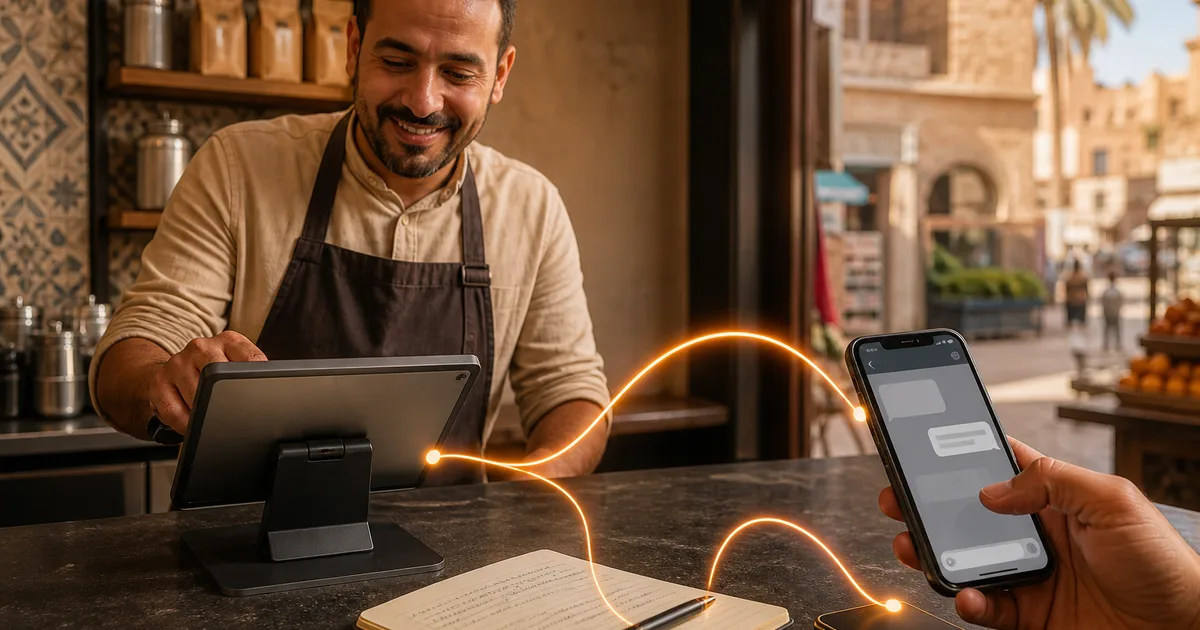 Cafe worker using a tablet connected by glowing lines to a customer smartphone messaging screen