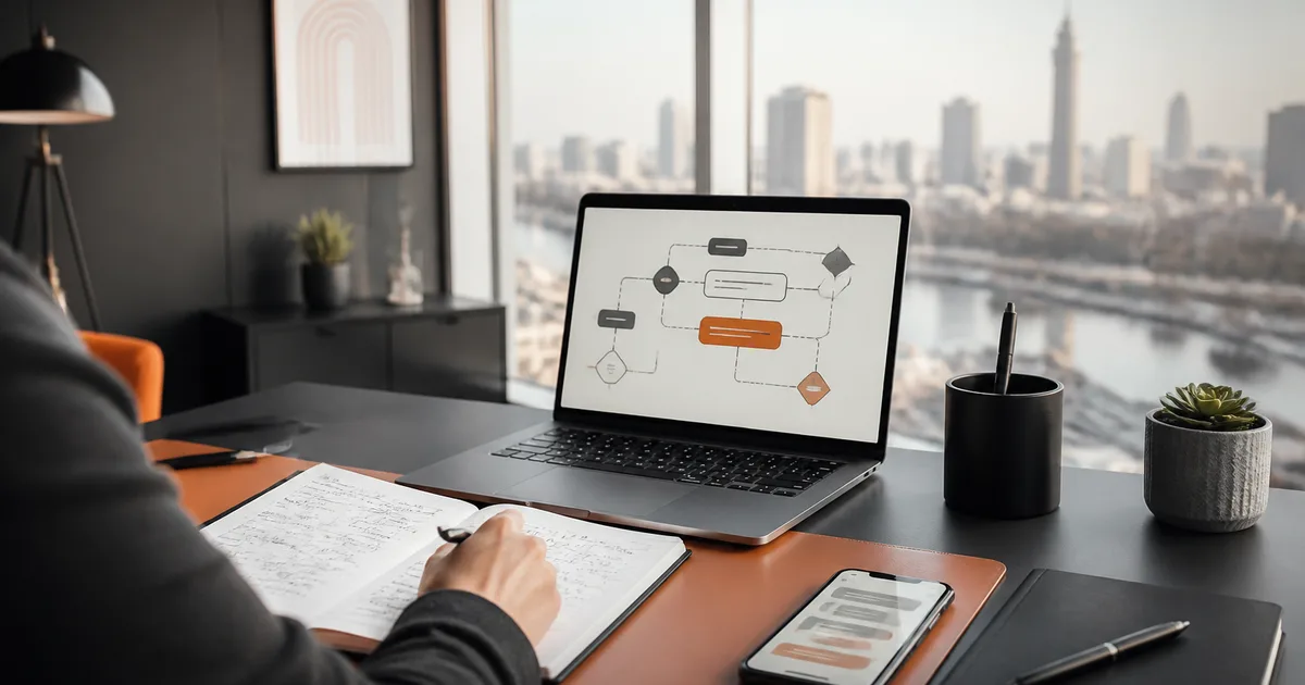 Person taking notes beside a laptop showing a business workflow flowchart in a modern office