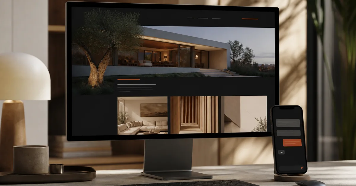 Desktop monitor showing a modern architecture website beside a smartphone chat interface