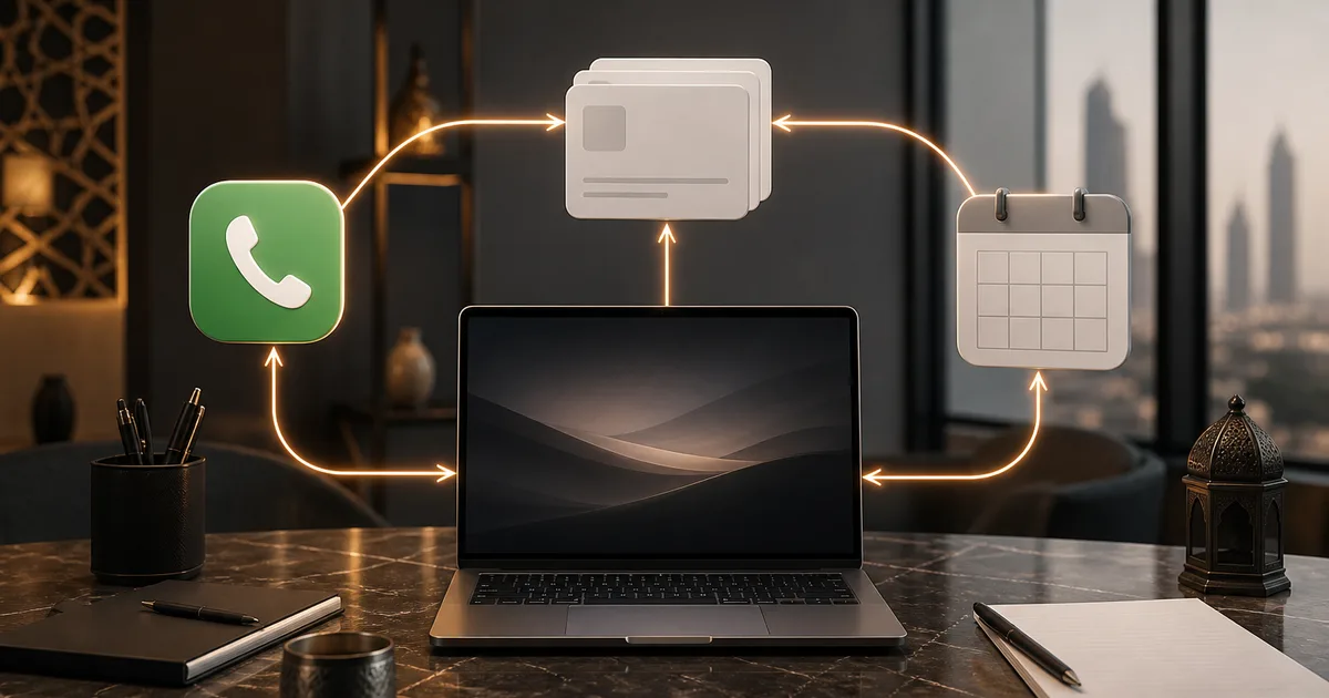 Laptop on a desk with floating phone, CRM cards, and calendar icons linked in an automation loop