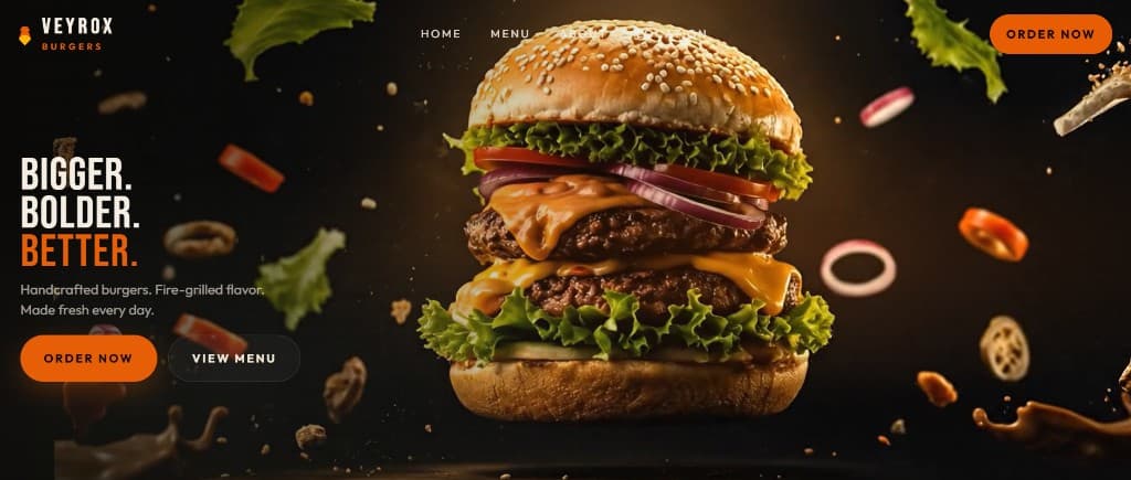 Veyrox Burgers hero with a double cheeseburger and floating lettuce, tomato, and onion