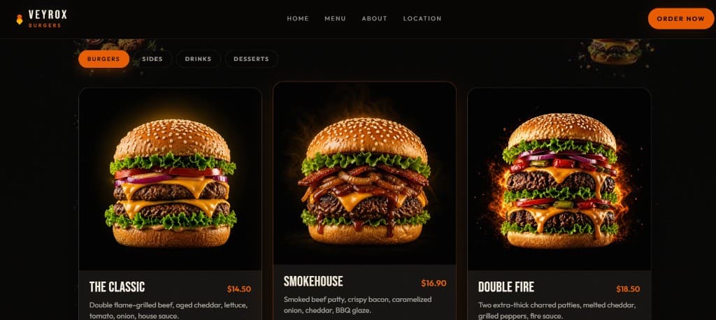 Veyrox Burgers menu cards for The Classic, Smokehouse, and Double Fire burgers