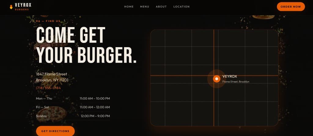 Veyrox Burgers demo location page with a fictional Brooklyn address, hours, and a stylized map pin