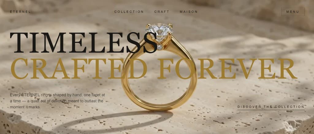 ÉTERNEL jewelry website hero with a gold solitaire diamond ring on textured stone