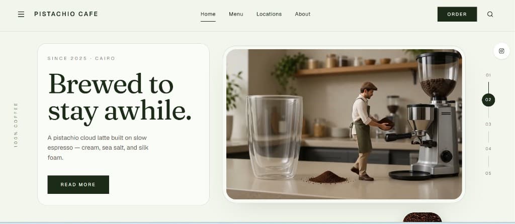 Pistachio Cafe homepage hero with tagline Brewed to stay awhile and a miniature barista scene