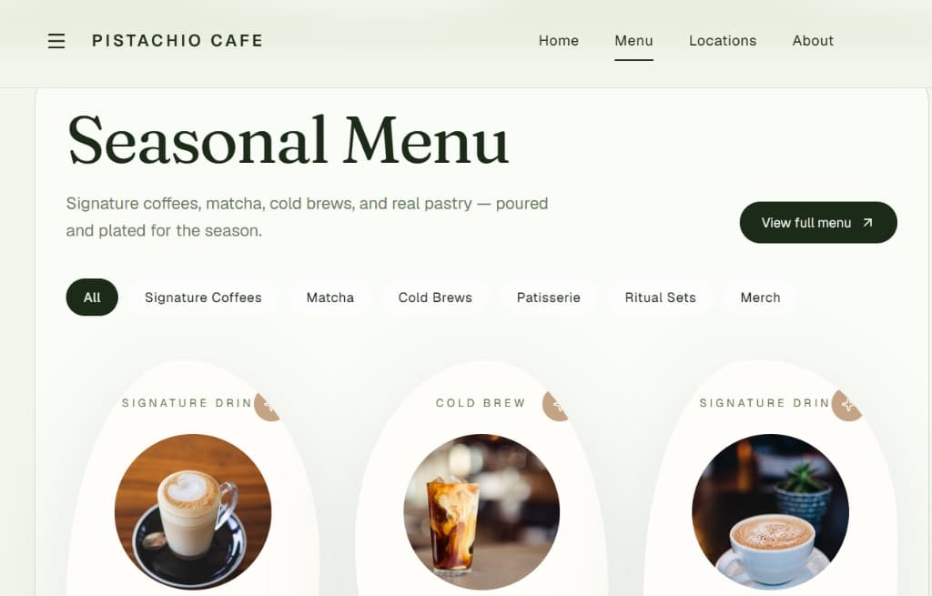 Pistachio Cafe seasonal menu with latte, cold brew, and foam drink product cards