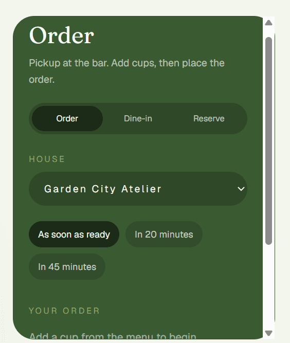 Fictional Pistachio Cafe demo order screen — illustrative pickup timing UI (not a real Garden City café or client)
