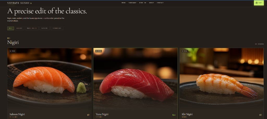 Veyrox Sushi menu grid with salmon, tuna, and ebi nigiri dishes and category filters