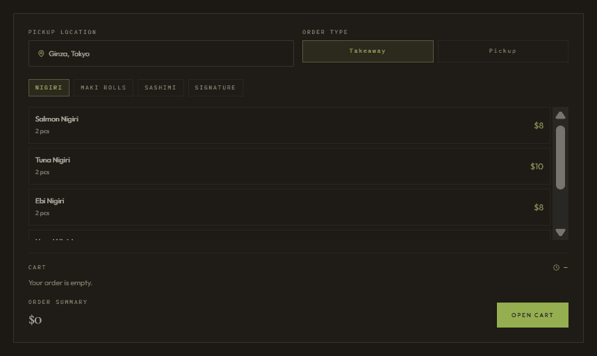 Dark-themed sushi takeaway ordering interface with Ginza pickup location and cart summary
